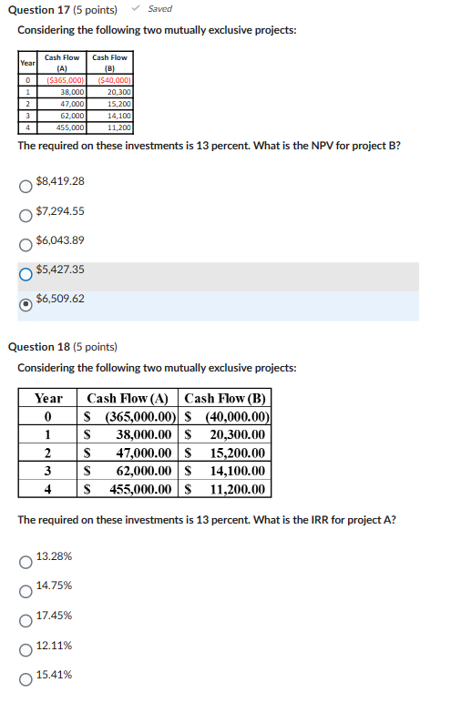  ONLY NEED 20 Considering the following two mutually exclusive projects: The