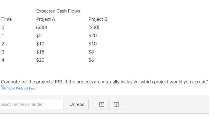  Time 0 1 Expected Cash Flows Project A ($30) $5 $10