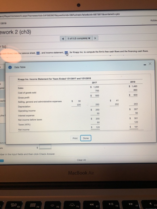 complete Computing free cash fows and financing cash flows) Use the balance
