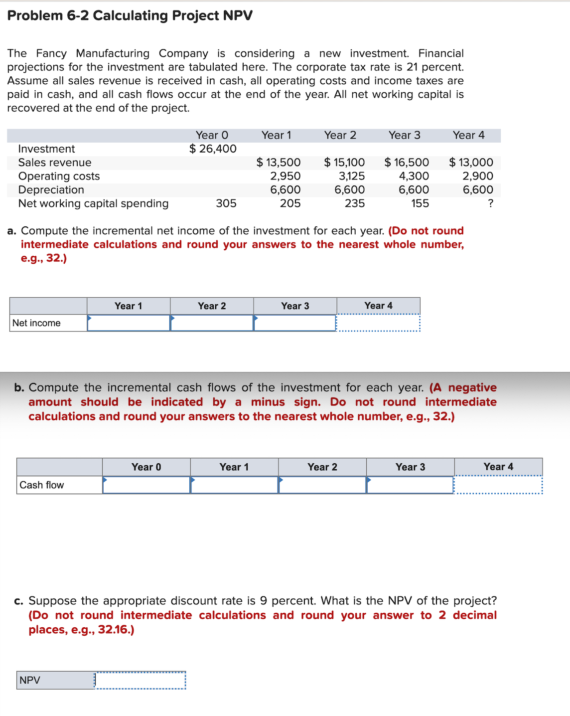  Problem 6-2 Calculating Project NPV The Fancy Manufacturing Company is considering