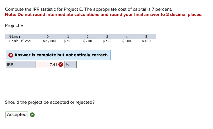 Compute the IRR statistic for Project E. The appropriate cost of