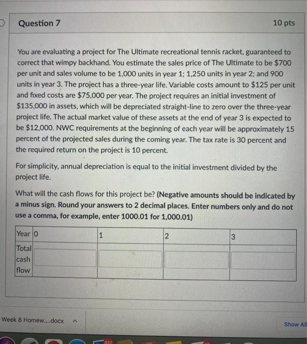  Question 7 10 pts You are evaluating a project for The