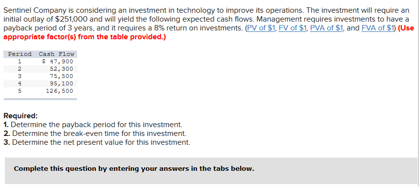  Required 1 Required 2 Required 3 Determine the payback period for