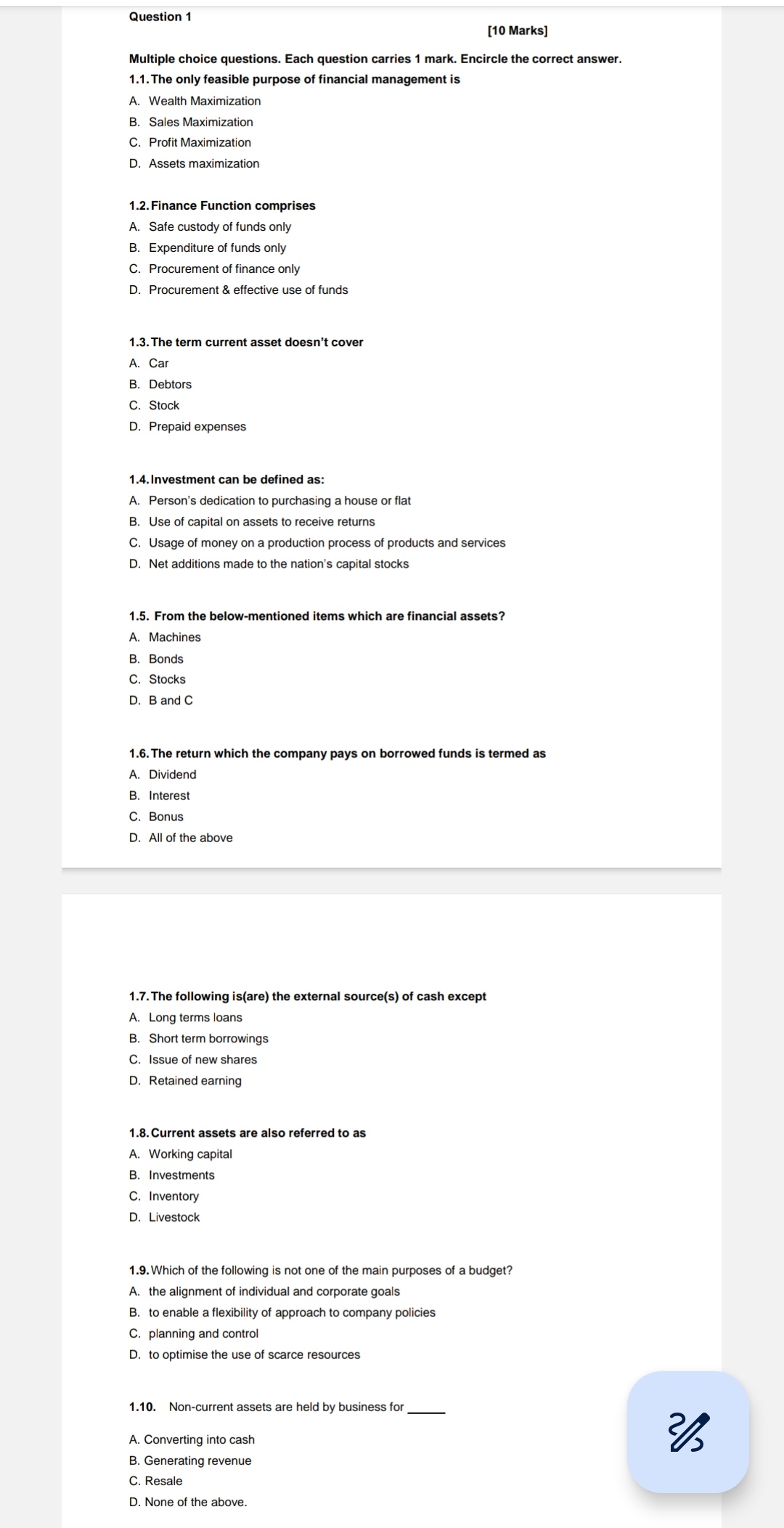  Question 1 [10 Marks] Multiple choice questions. Each question carries 1