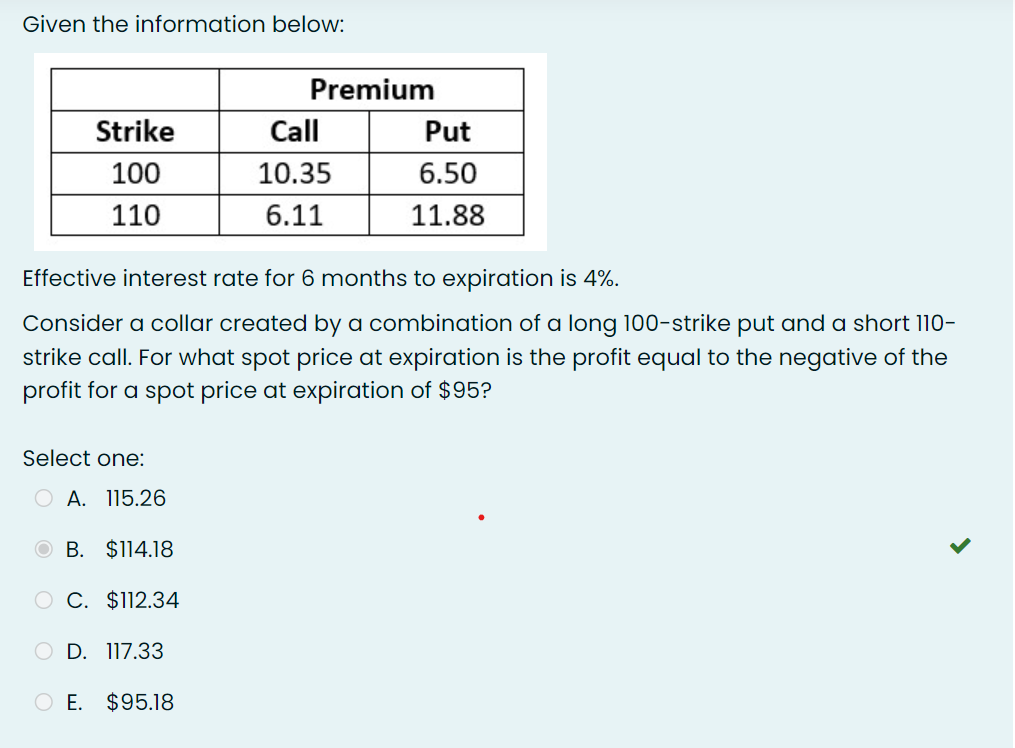 Given the information below: Strike 100 110 Premium Call Put 10.35