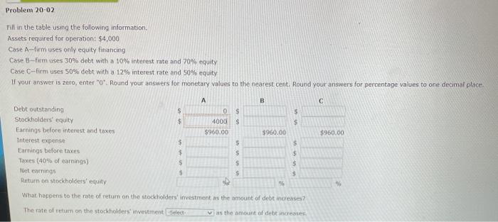  Problem 20-02 Fill in the table using the following information Assets