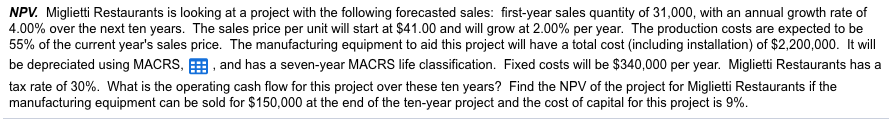What is the operating cash flow for this project in year 1,2,3,4,5,6,7,8,9,10?