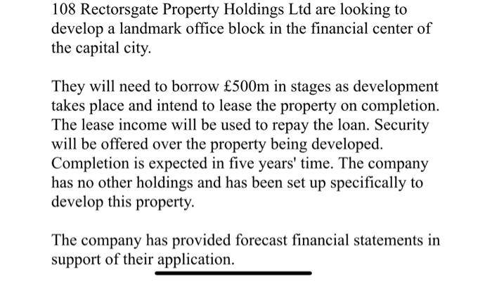  please answer the case study 108 Rectorsgate Property Holdings Ltd are