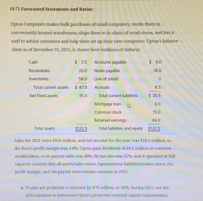  (9-7) Forecasted Statements and Ratios Upton Computers makes bulk purchases of