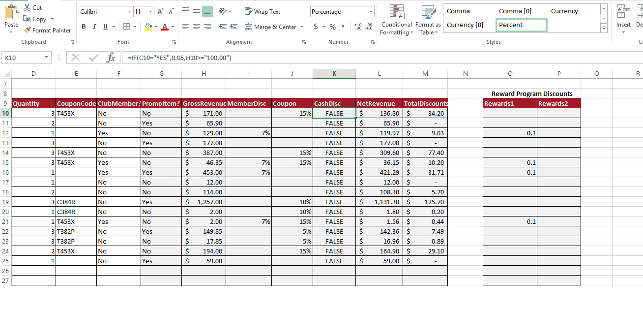 On the Transactions Worksheet, in cell G10, replace the static value by