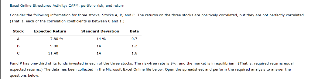  Excel Online Structured Activity: CAPM, portfolio risk, and return Consider the
