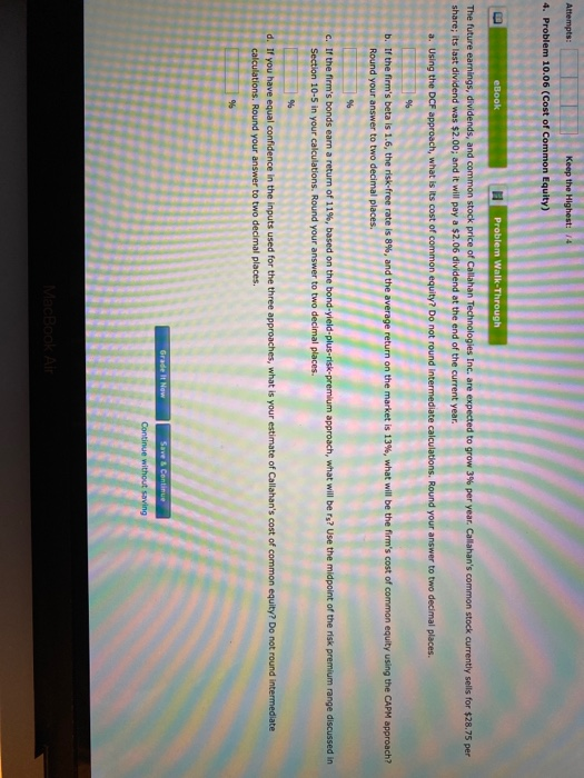  Attempts: Keep the Highest: 4. Problem 10.06 (Cost of Common Equity)