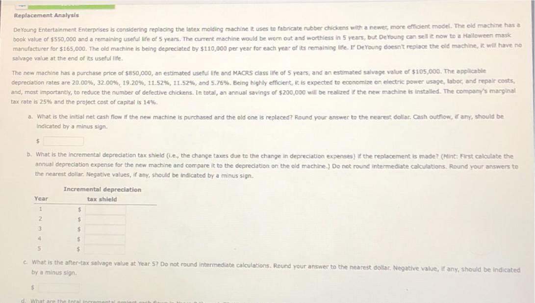  Replacement Analysis DeYoung Entertainment Enterprises is considering replacing the latex molding