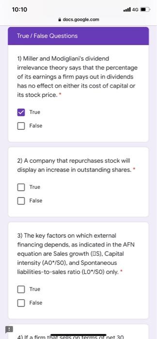  10:10 l 4G docs.google.com True / False Questions 1) Miller and