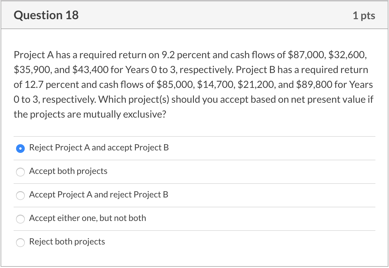  Question 18 1 pts Project A has a required return on