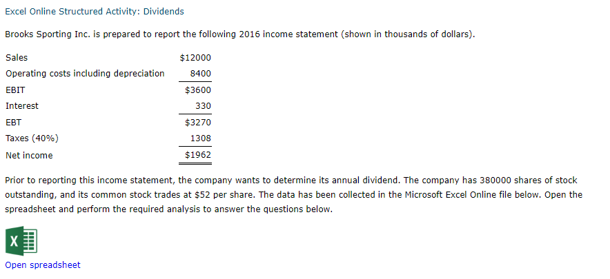  Excel Online Structured Activity: Dividends Brooks Sporting Inc. is prepared to