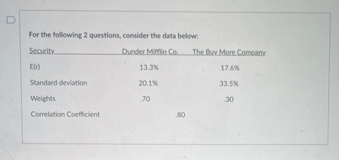 Question 21, using the table given For the following 2 questions, consider