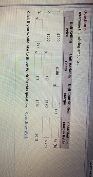  CALCULATOR Question 6 Determine the missing amounts. Unit Selling Unit Variable