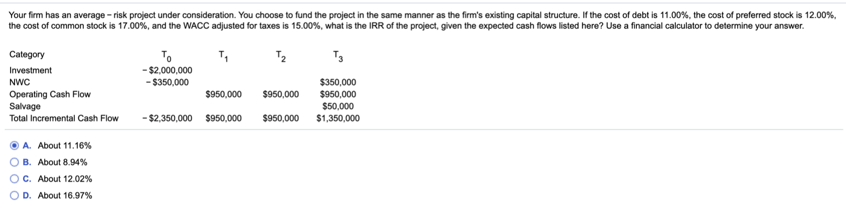  Your firm has an average - risk project under consideration. You