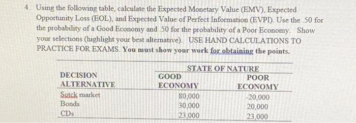  4. Using the following table, calculate the Expected Monetary Value (EMV),