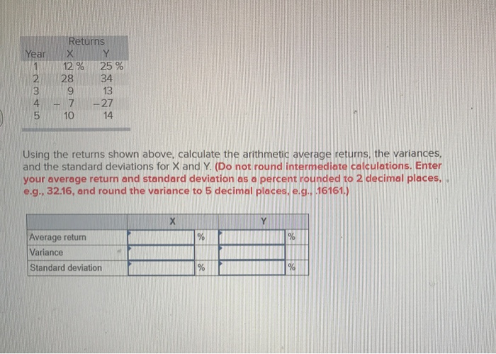  Year Returns X Y 12 % 25 % 28 34 on