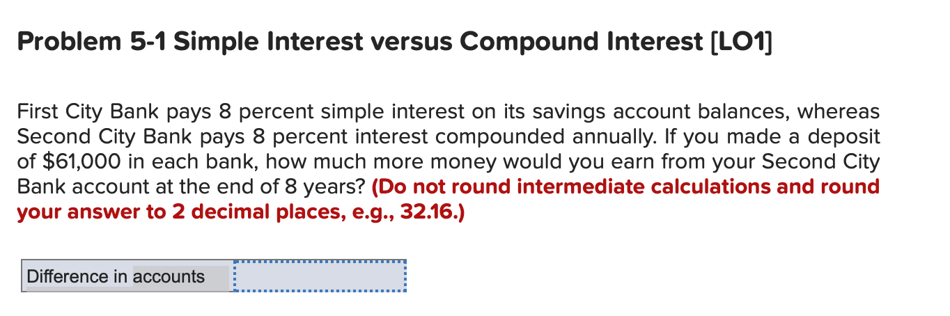 Problem 5-1 Simple Interest versus Compound Interest (LOI) First City Bank