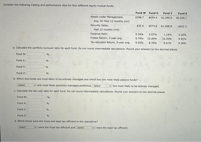  Consider the following trading and performance data for four different equity