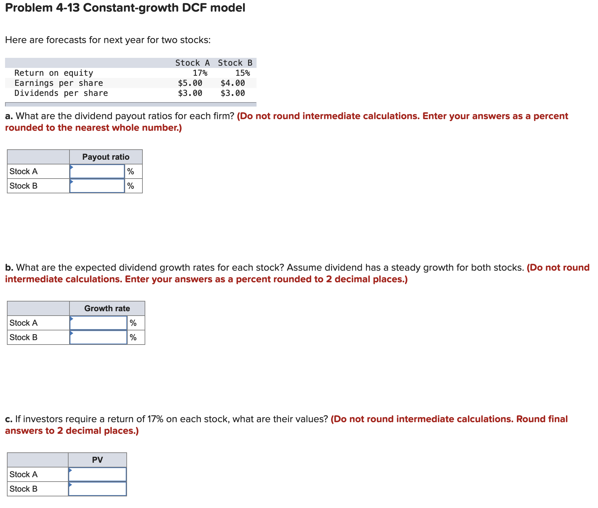 Problem 4-13 Constant-growth DCF model Here are forecasts for next year