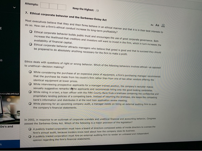  Attempts: Keep the Highest: / 3 7. Ethical corporate behavior and
