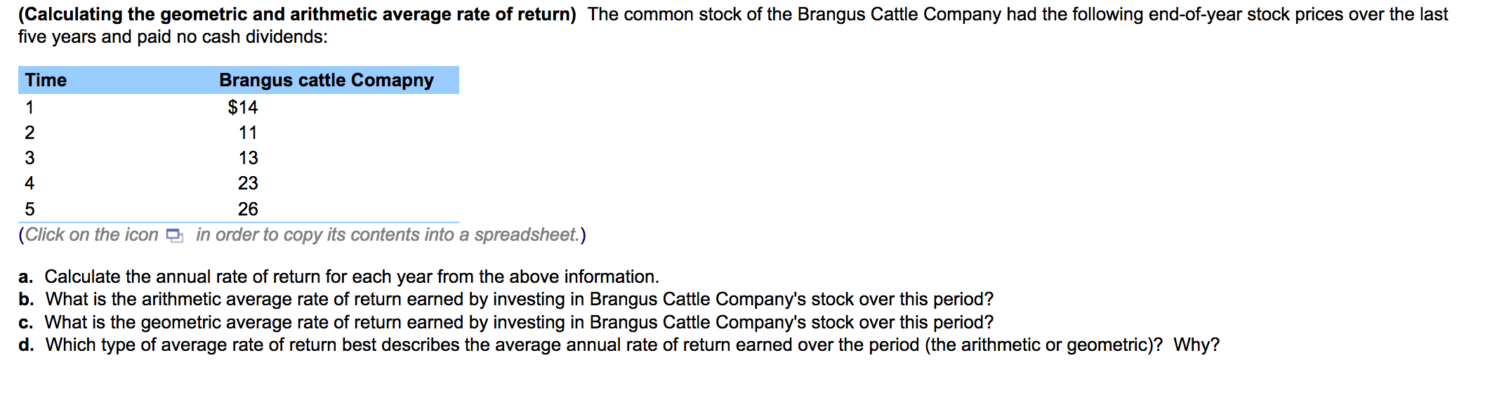  (Calculating the geometric and arithmetic average rate of return) The common