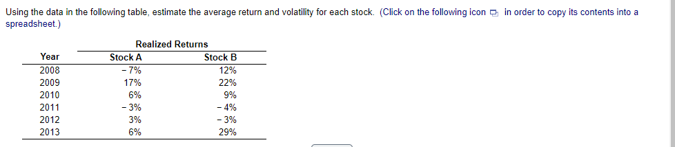  Using the data in the following table, estimate the average return