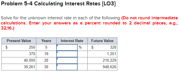  Problem 5-4 Calculating Interest Rates [LO3] Solve for the unknown interest