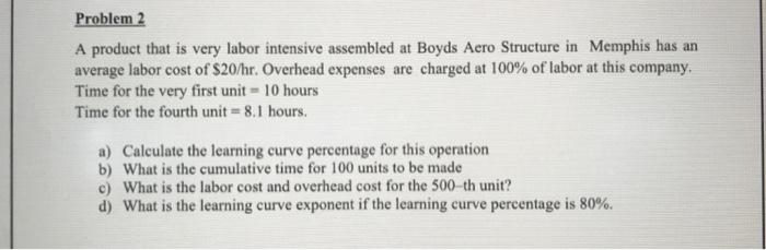 answer. (a-d) Problem 2 A product that is very labor intensive assembled