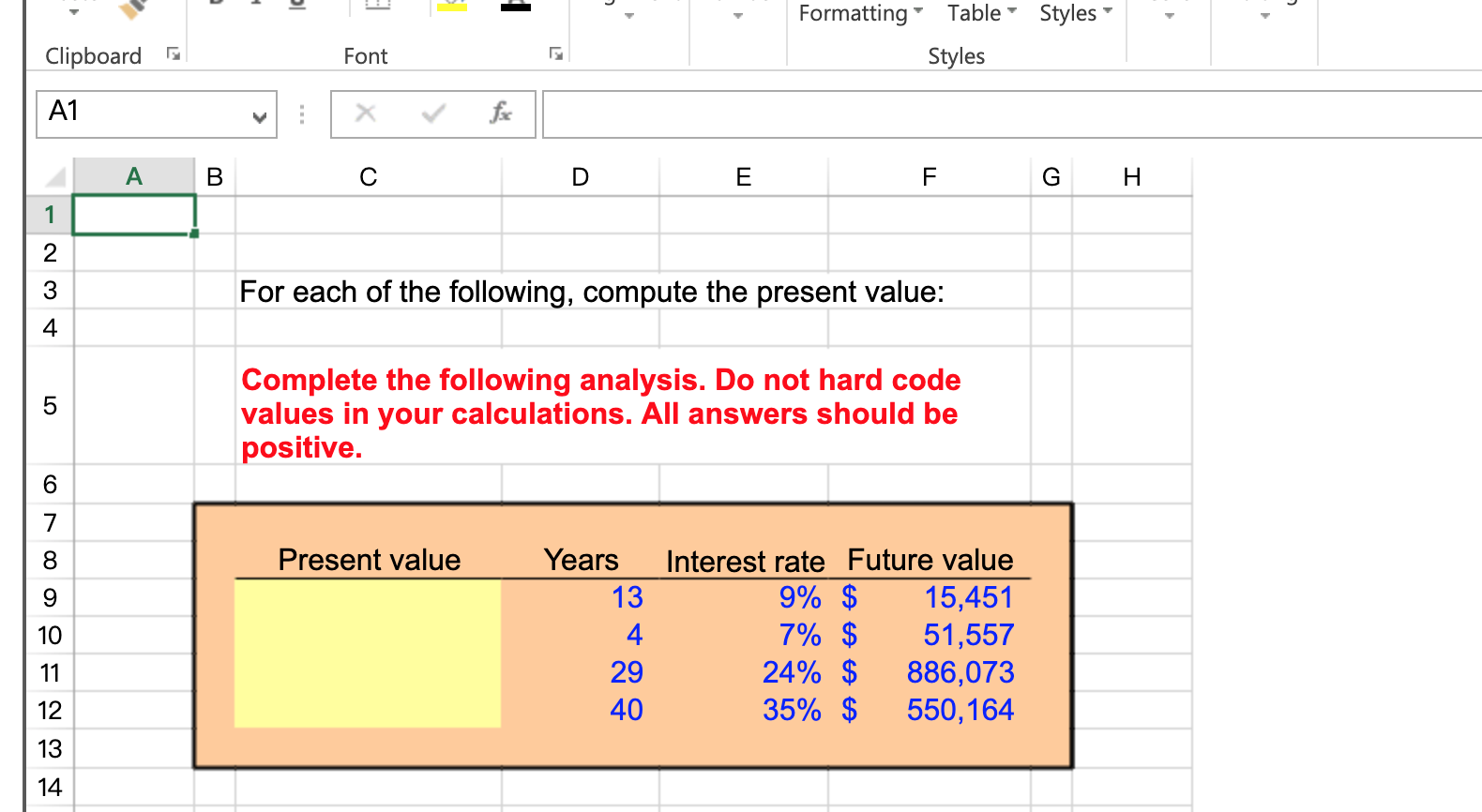 1 U Styles Formatting Table Styles Clipboard Font A1 fa A