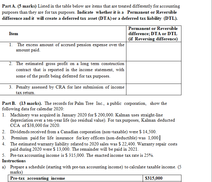 Part A. (5 marks) Listed in the table below are items
