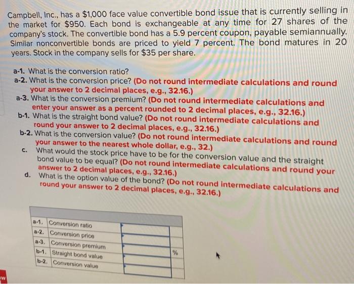  Campbell, Inc., has a $1,000 face value convertible bond issue that