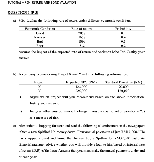  Country : Malaysia Subject : Financial Management TUTORIAL - RISK, RETURN