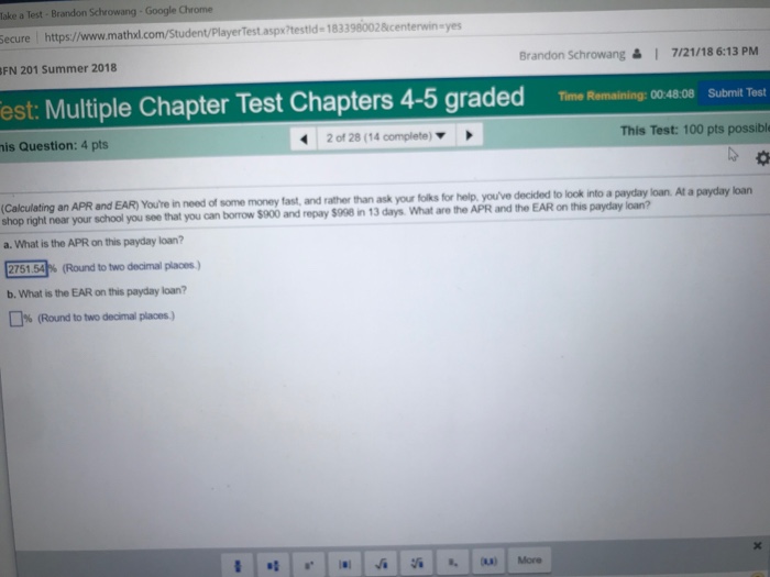  lake a Test Brandon Schrowang-Google Chrome Secure https//www.mathxl FN 201 Summer