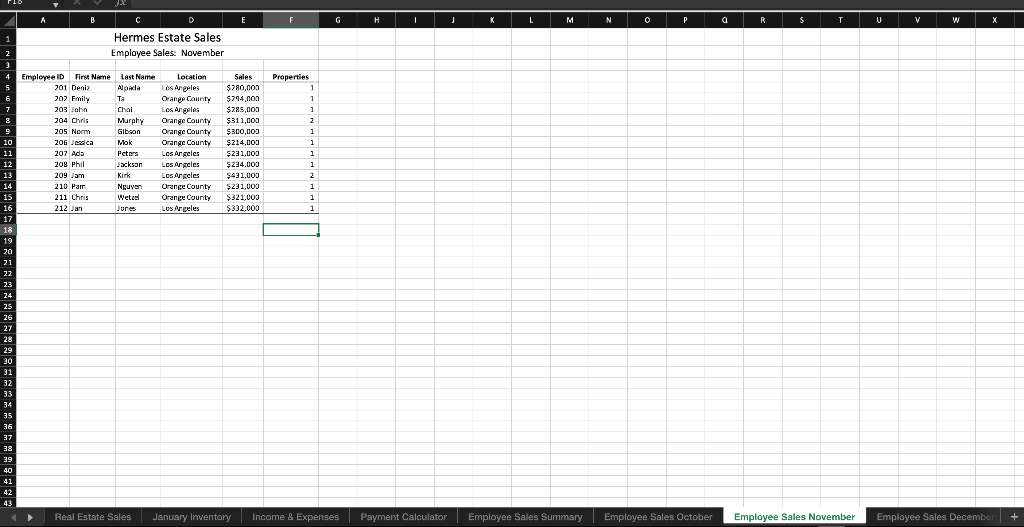 will add together all her sales on the October, November, December sheets.