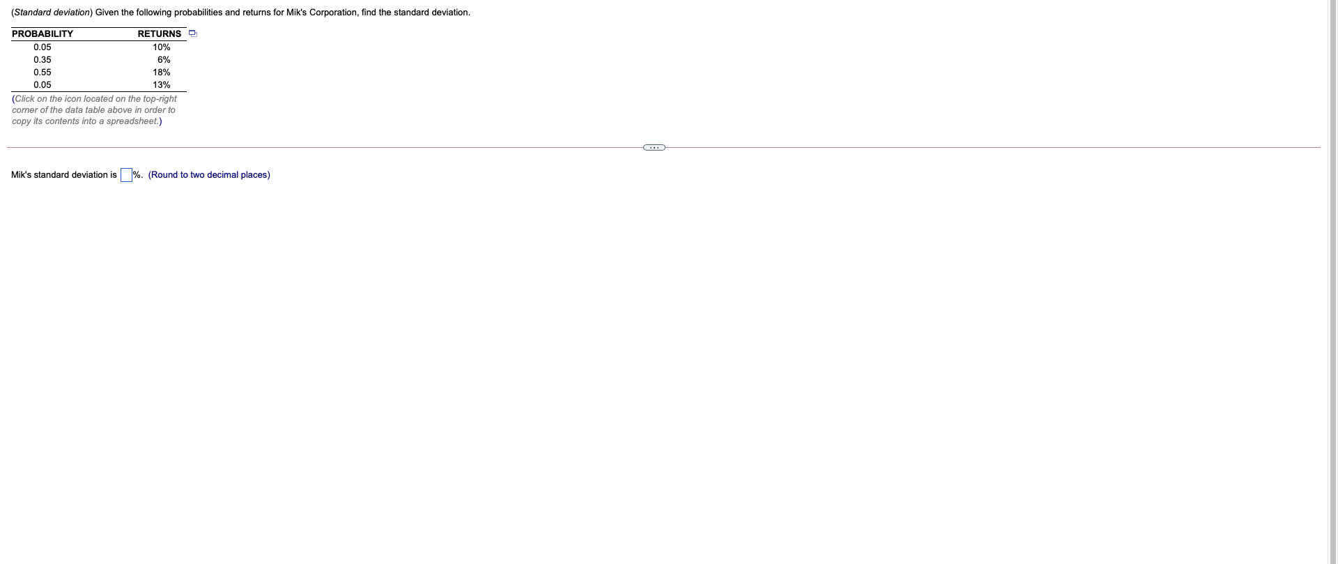 (Standard deviation) Given the following probabilities and returns for Mik's Corporation,