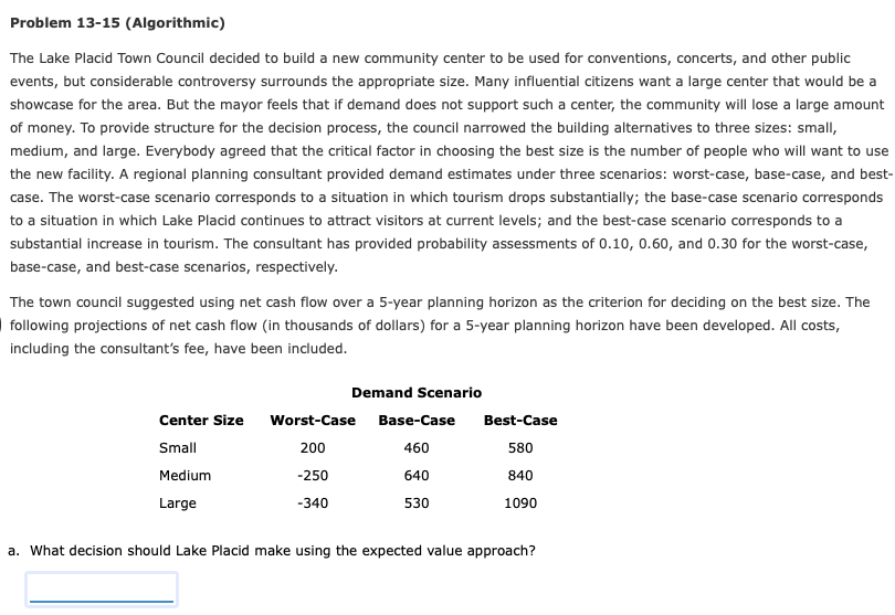  Problem 13-15 (Algorithmic) The Lake Placid Town Council decided to build