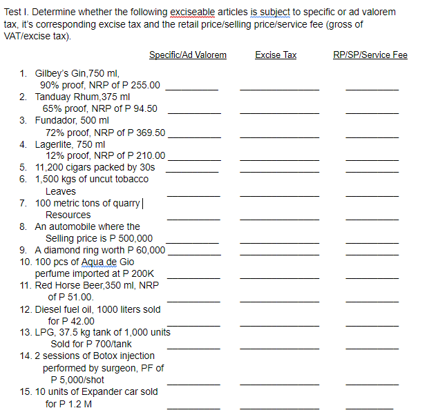 SHOW COMPLETE SOLUTION Test I. Determine whether the following exciseable articles is