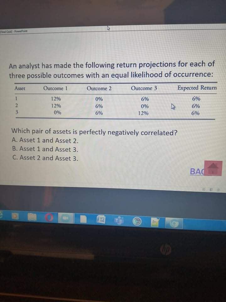 An analyst has made the following return projections for each of three