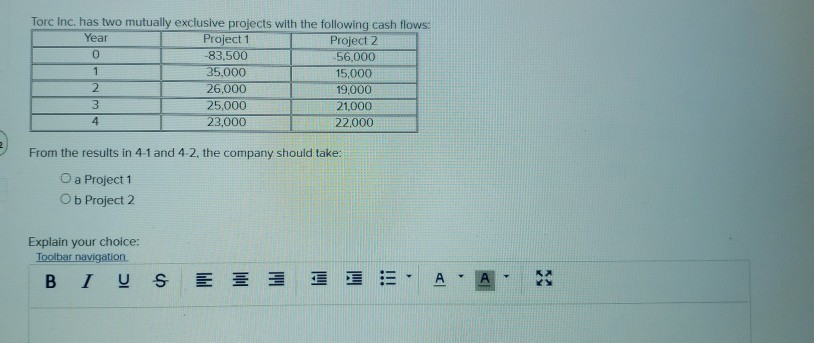  Torc Inc. has two mutually exclusive projects with the following cash