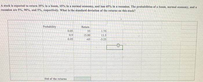  A stock is expected to return 35% in a boom, 15%