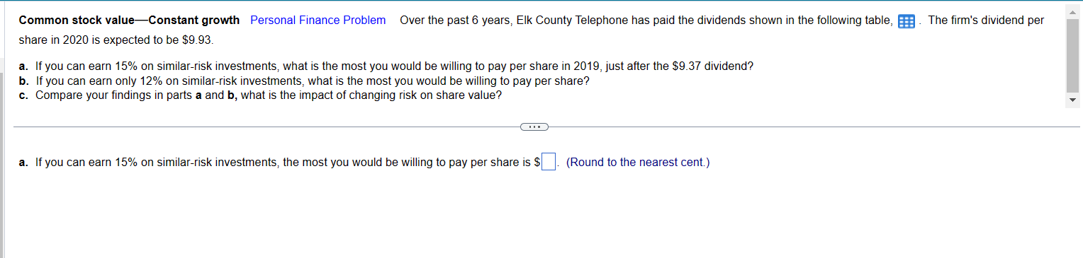  Common stock value - Constant growth Personal Finance Problem Over the