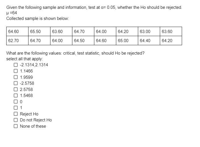 Given the following sample and information, test at a= 0.05, whether
