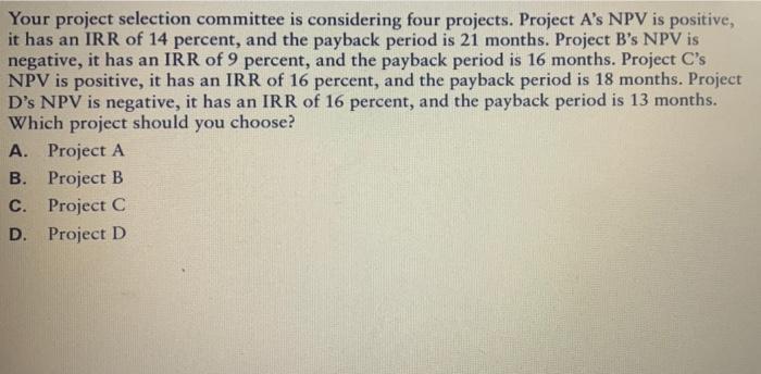  Your project selection committee is considering four projects. Project A's NPV