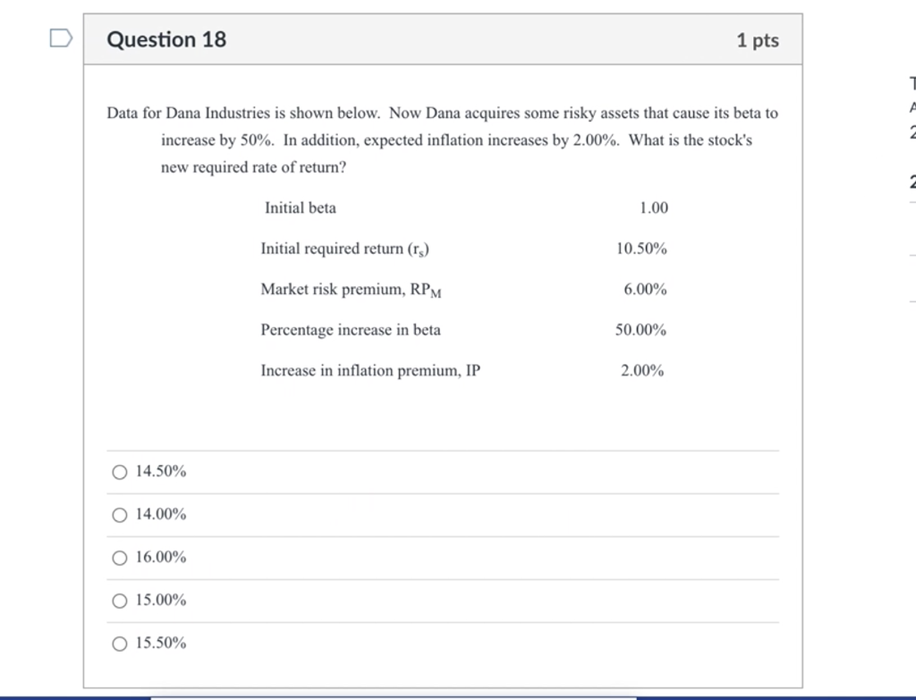  Question 18 1 pts A 2 Data for Dana Industries is