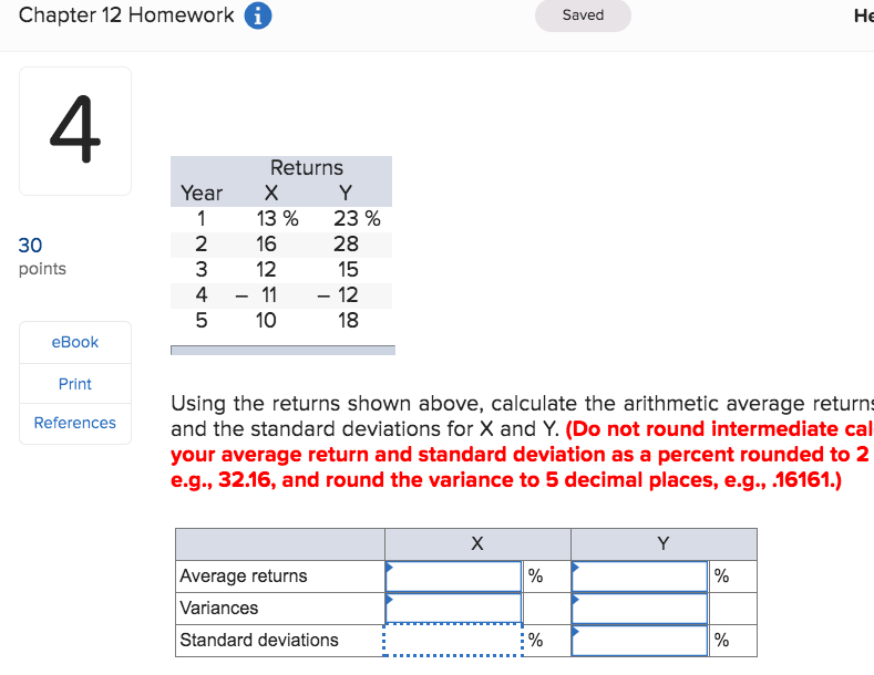  Chapter 12 Homework Saved HE 30 points Year 1 2 3